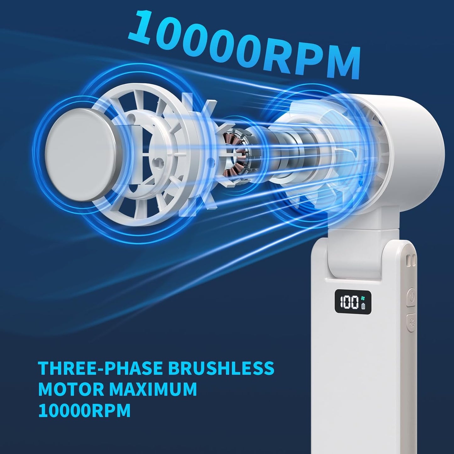 Portable Handheld Turbo Fan with Cooling Tech, Digital Display, 100-Speed Control, Rechargeable 4-In-1 Personal Fan for Travel, Outdoor, Office (White)