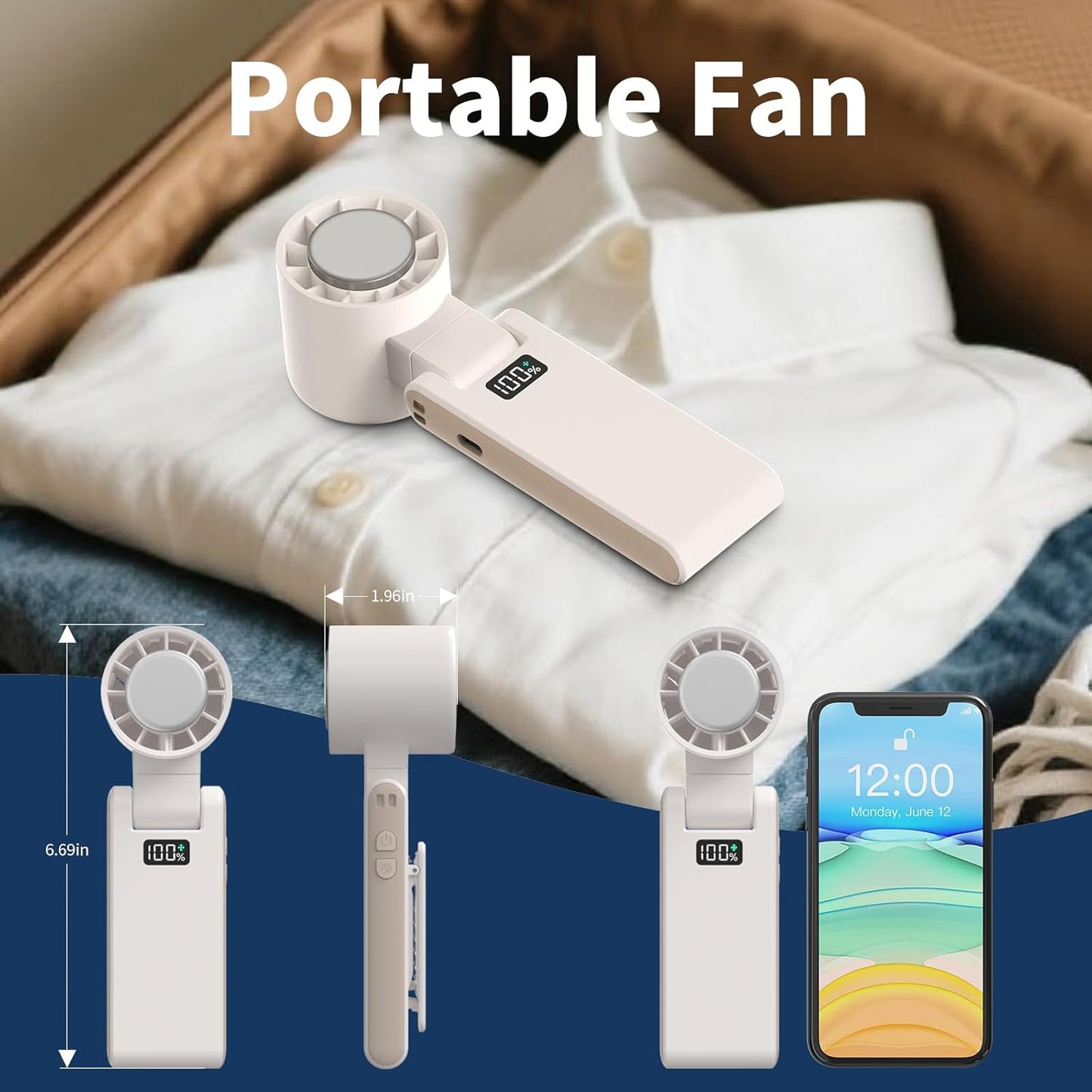 Portable Handheld Turbo Fan with Cooling Tech, Digital Display, 100-Speed Control, Rechargeable 4-In-1 Personal Fan for Travel, Outdoor, Office (White)