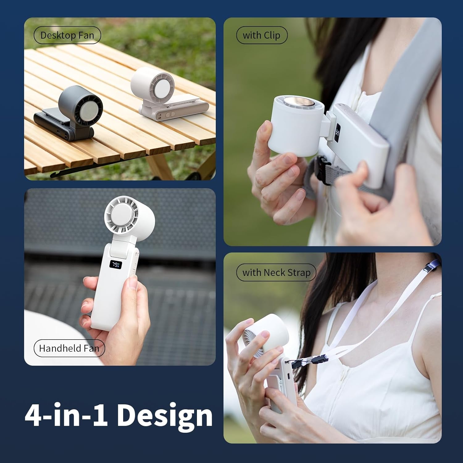 Portable Handheld Turbo Fan with Cooling Tech, Digital Display, 100-Speed Control, Rechargeable 4-In-1 Personal Fan for Travel, Outdoor, Office (White)
